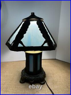 Art Nouveau Blue Tiffany Style Glass Paneled Lamp Stained Glass Table Lamp