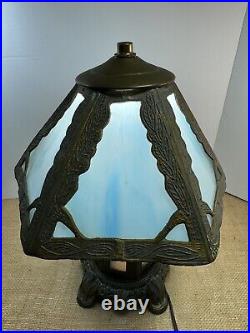 Art Nouveau Blue Tiffany Style Glass Paneled Lamp Stained Glass Table Lamp
