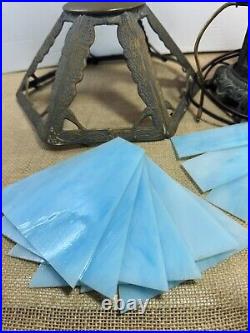 Art Nouveau Blue Tiffany Style Glass Paneled Lamp Stained Glass Table Lamp