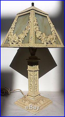 Art Nouveau Boudior Antique Lamp With Caramel Slag Panel Shade