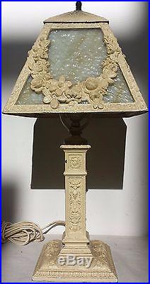 Art Nouveau Boudior Antique Lamp With Caramel Slag Panel Shade