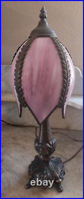 Art Nouveau Boudoir Table Lamp VTG Base Antique Mauve Tulip Slag Glass Shade