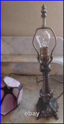 Art Nouveau Boudoir Table Lamp VTG Base Antique Mauve Tulip Slag Glass Shade