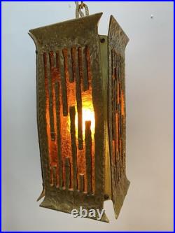 Art Nouveau Brass Pendant Lamp With Amber Slag Glass