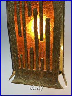 Art Nouveau Brass Pendant Lamp With Amber Slag Glass