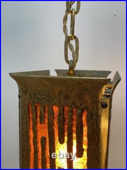 Art Nouveau Brass Pendant Lamp With Amber Slag Glass