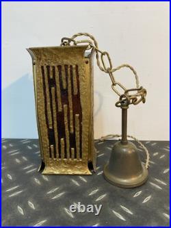 Art Nouveau Brass Pendant Lamp With Amber Slag Glass