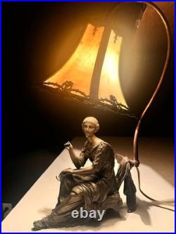 Art Nouveau Bronze Statue Lamp with Leaded Slag Glass Shade