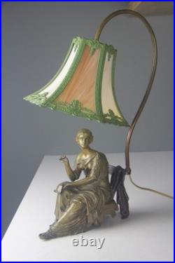 Art Nouveau Bronze Statue Lamp with Leaded Slag Glass Shade