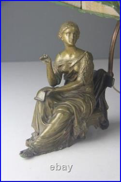 Art Nouveau Bronze Statue Lamp with Leaded Slag Glass Shade