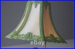 Art Nouveau Bronze Statue Lamp with Leaded Slag Glass Shade