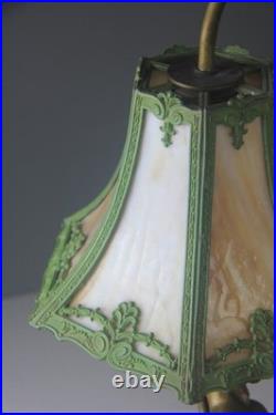 Art Nouveau Bronze Statue Lamp with Leaded Slag Glass Shade