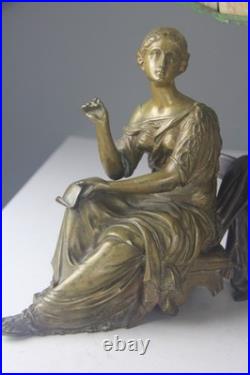 Art Nouveau Bronze Statue Lamp with Leaded Slag Glass Shade Art Nouveau Bronze Statue Lamp with Leaded Slag Glass Shade
