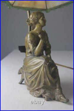 Art Nouveau Bronze Statue Lamp with Leaded Slag Glass Shade