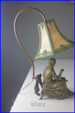 Art Nouveau Bronze Statue Lamp with Leaded Slag Glass Shade