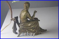 Art Nouveau Bronze Statue Lamp with Leaded Slag Glass Shade