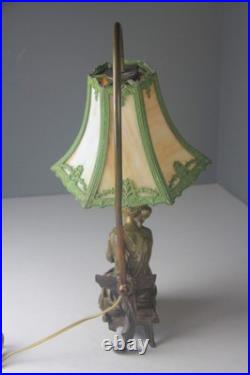 Art Nouveau Bronze Statue Lamp with Leaded Slag Glass Shade