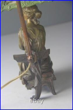 Art Nouveau Bronze Statue Lamp with Leaded Slag Glass Shade