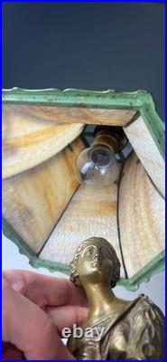 Art Nouveau Bronze Statue Lamp with Leaded Slag Glass Shade