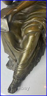 Art Nouveau Bronze Statue Lamp with Leaded Slag Glass Shade Art Nouveau Bronze Statue Lamp with Leaded Slag Glass Shade