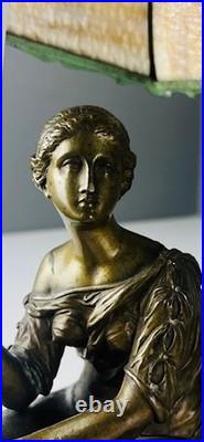 Art Nouveau Bronze Statue Lamp with Leaded Slag Glass Shade
