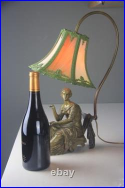Art Nouveau Bronze Statue Lamp with Leaded Slag Glass Shade