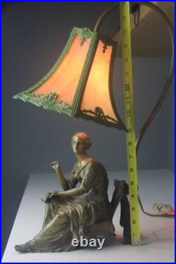Art Nouveau Bronze Statue Lamp with Leaded Slag Glass Shade