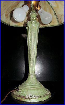 Art Nouveau Curved Slag Glass Lamp In Original Verdigris Paint Signed Rainaud