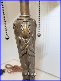 Art Nouveau FLOWER Leaves Lamp Base, Cast Iron Antique Slag/Stained Glass Shade