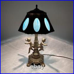 Art Nouveau Figural Blue Slag Glass 8 Panel Boudoir Lamp Cherub Putti Base