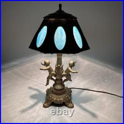 Art Nouveau Figural Blue Slag Glass 8 Panel Boudoir Lamp Cherub Putti Base