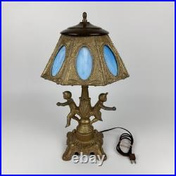 Art Nouveau Figural Blue Slag Glass 8 Panel Boudoir Lamp Cherub Putti Base