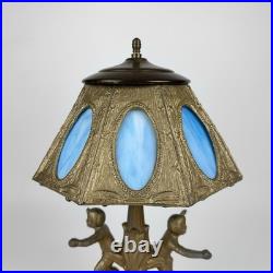 Art Nouveau Figural Blue Slag Glass 8 Panel Boudoir Lamp Cherub Putti Base