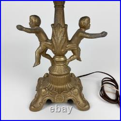 Art Nouveau Figural Blue Slag Glass 8 Panel Boudoir Lamp Cherub Putti Base