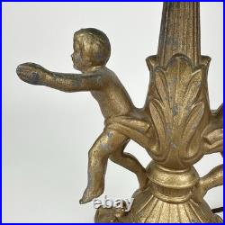 Art Nouveau Figural Blue Slag Glass 8 Panel Boudoir Lamp Cherub Putti Base