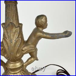 Art Nouveau Figural Blue Slag Glass 8 Panel Boudoir Lamp Cherub Putti Base