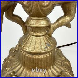 Art Nouveau Figural Blue Slag Glass 8 Panel Boudoir Lamp Cherub Putti Base