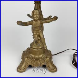 Art Nouveau Figural Blue Slag Glass 8 Panel Boudoir Lamp Cherub Putti Base