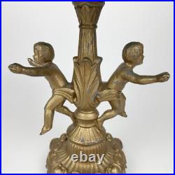 Art Nouveau Figural Blue Slag Glass 8 Panel Boudoir Lamp Cherub Putti Base