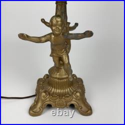Art Nouveau Figural Blue Slag Glass 8 Panel Boudoir Lamp Cherub Putti Base