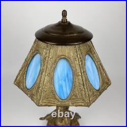Art Nouveau Figural Blue Slag Glass 8 Panel Boudoir Lamp Cherub Putti Base