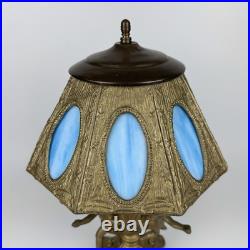 Art Nouveau Figural Blue Slag Glass 8 Panel Boudoir Lamp Cherub Putti Base