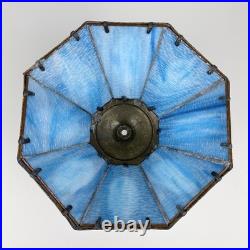 Art Nouveau Figural Blue Slag Glass 8 Panel Boudoir Lamp Cherub Putti Base
