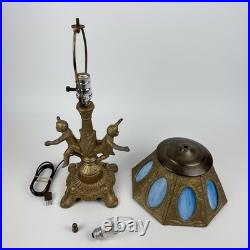 Art Nouveau Figural Blue Slag Glass 8 Panel Boudoir Lamp Cherub Putti Base