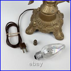 Art Nouveau Figural Blue Slag Glass 8 Panel Boudoir Lamp Cherub Putti Base