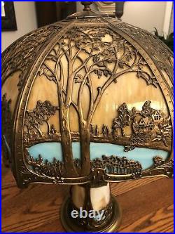 Art Nouveau Miller-b&h-handel- Era Carmel N Blue Slag Glass Lamp