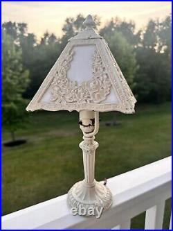 Art Nouveau Painted Iron 4 Panel Slag Glass Boudoir Table Lamp, White