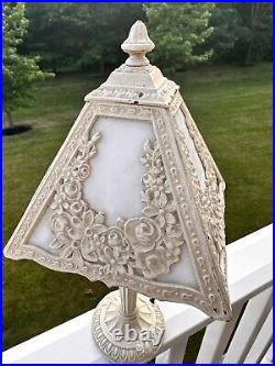 Art Nouveau Painted Iron 4 Panel Slag Glass Boudoir Table Lamp, White