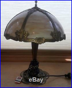 Art Nouveau Signed Bradley & Hubbard Curved Caramel Slag Glass Table Lamp