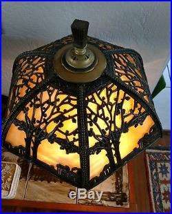 Art Nouveau Six double Panel Slag Glass Lamp